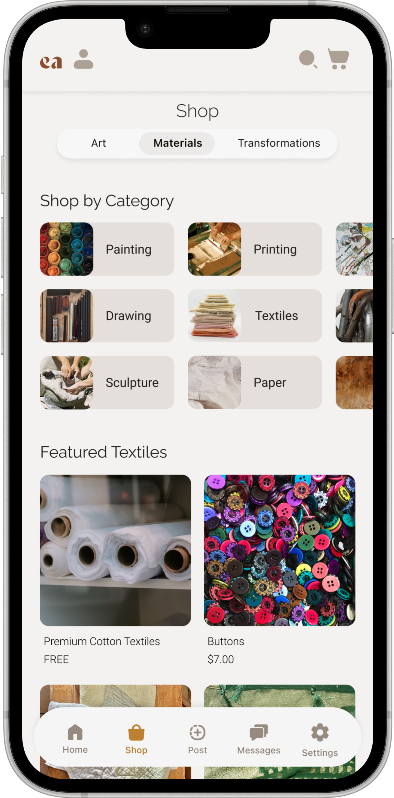Mobile screen of the Shop for Materials page of the app.