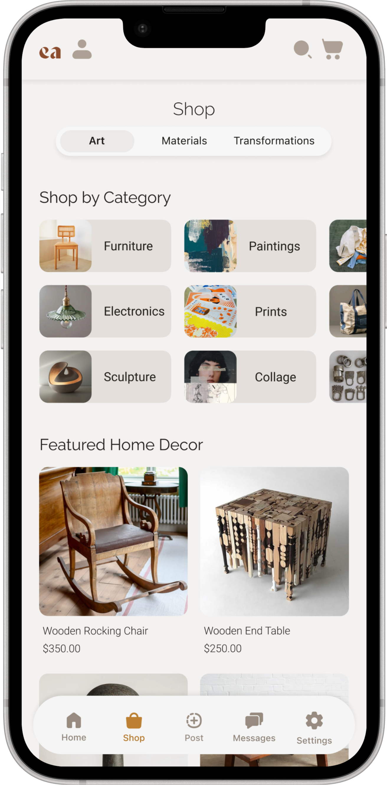 Mobile screen of the Shop for Art page of the app.