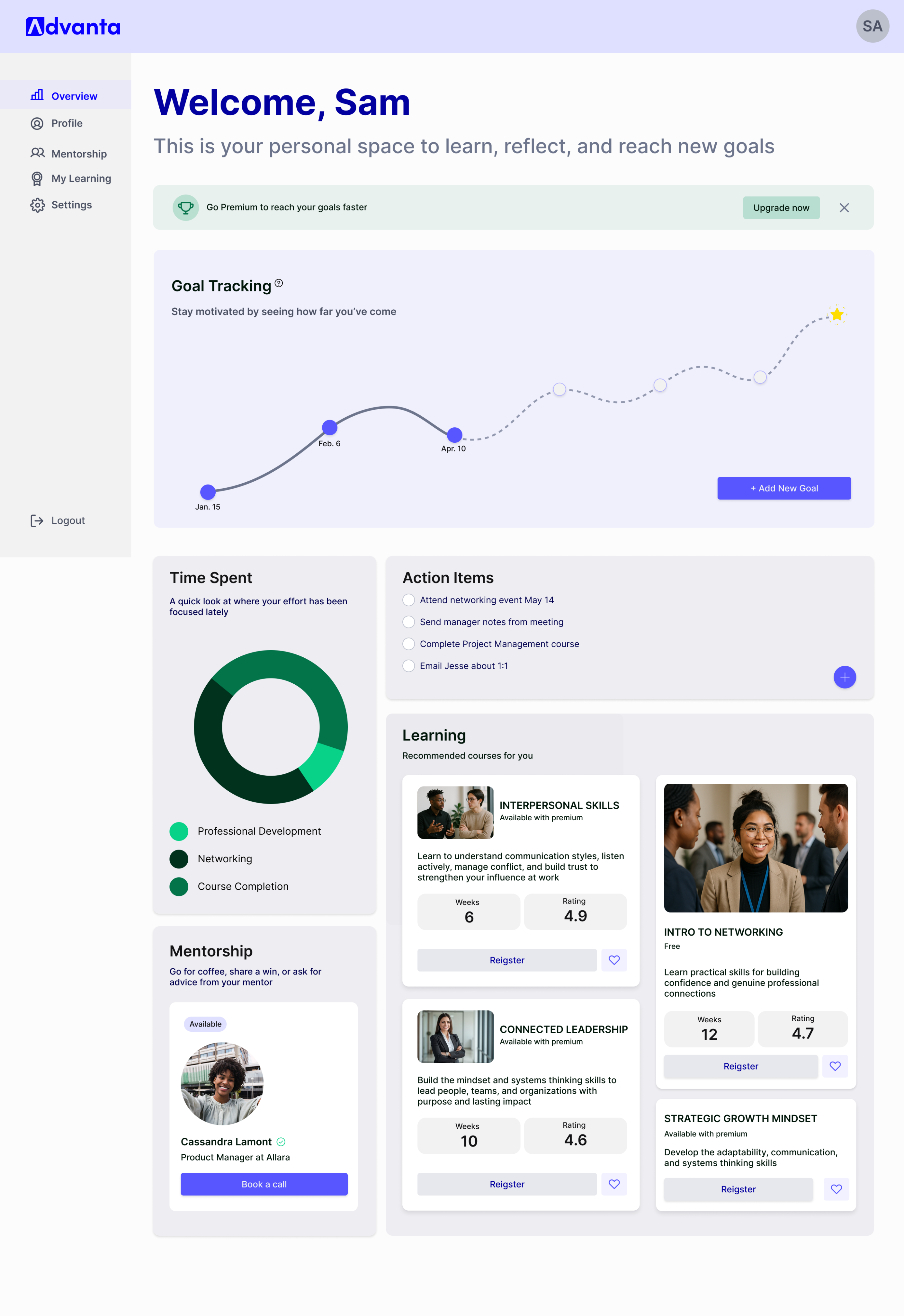High fidelity mockup of a webpage, with graphs to track progress and goals, and virtual learning opportunities. There is also a navigation menu on the left